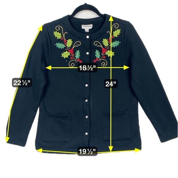 VTG Christmas Cardigan Black Sweater Womens SZ S Appliqued Holy Berry Festive - Picture 2 of 13